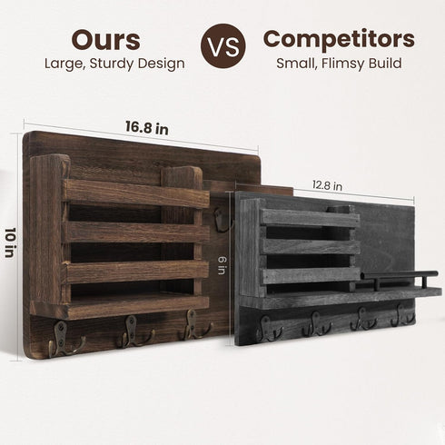 Nekon Mail Holder for Wall - Mail Organizer with Key Hooks, Letter Sorter, Natural Wood, Floating Shelf, Flush Mount