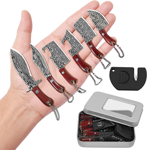 Mini Knife Set, Damascus Pocket Knife Set with Sharpener, Tiny Cleaver Keychain, EDC Knives Set - Set of 7