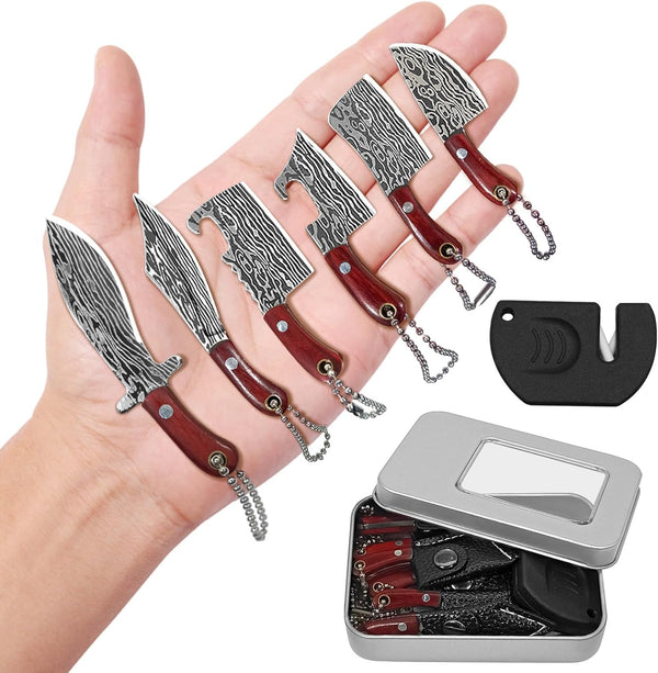 Mini Knife Set, Damascus Pocket Knife Set with Sharpener, Tiny Cleaver Keychain, EDC Knives Set - Set of 7