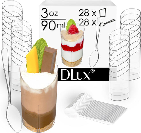 DLux Mini Dessert Cups 28 x 3 oz with Spoons, Clear Plastic Slanted Triangle Parfait Appetizer Cup - Small Reusable
