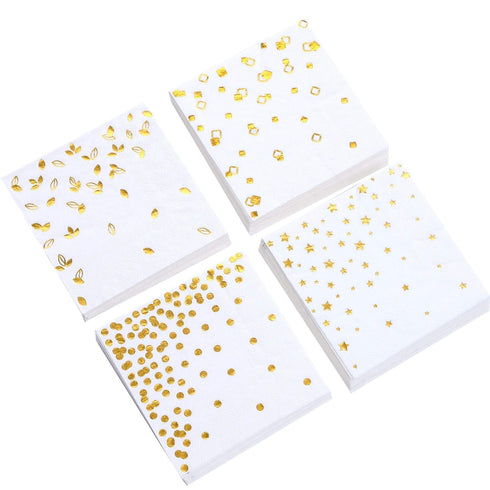 100 PK Gold Napkins - 4 Assorted Designs - 3-Ply Cocktail Napkins 5 x 5 Inches Disposable Party Napkins for Wedding