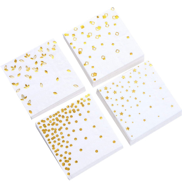 100 PK Gold Napkins - 4 Assorted Designs - 3-Ply Cocktail Napkins 5 x 5 Inches Disposable Party Napkins for Wedding
