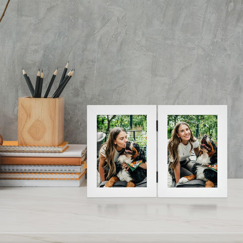 Frametory 4x6 Double Picture Frame - Hinged Real Glass Collage for 2 Photos, Vertical Desktop Frame (Blue, 1 Pack)