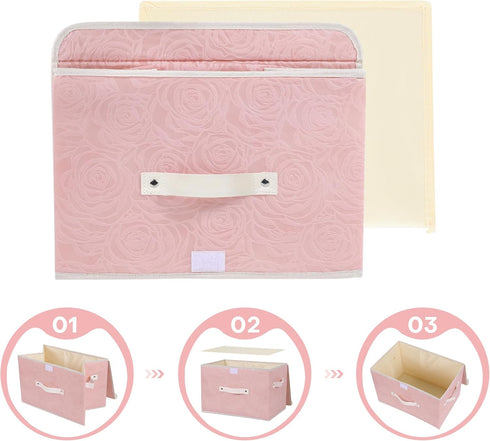 ANMINY Fabric Storage Bin with Lid, Rose Print Basket with PU Leather Handles, Pink, Large