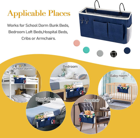 Bedside Storage Caddy, Hanging Storage Bag for Headboards, Bunk Beds, Dorm Rooms, Book Phone Magazine Holder (Navy Blue)
