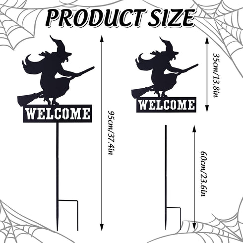 Whaline Halloween Welcome Sign with Stake, Spooky Witch on Broom Door Hanger, Black Witches Silhouette Garden Stakes