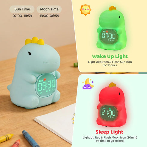 Dinosaurs Alarm Clock with Night Light for Kids with Sleep Training and Sound Machine, Rechargeable Silicone Lamp OK