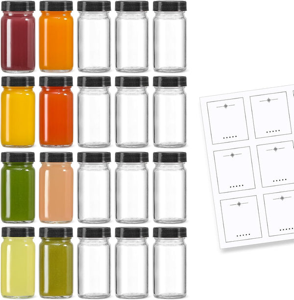 20 PACK 2 oz Glass Shot Bottles w/ Black Lids & 20
