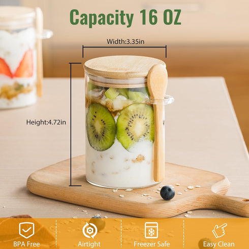 HeipokLife 6 Pack 16oz Glass Jars with Bamboo Lids and Spoon,Overnight Oats Container,Round Glass Containers