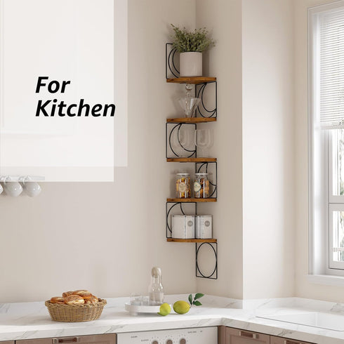 5 PHAREGE Tier Moon Phase Corner Shelves Brown Black, Rustic Storage Shelves for Bedroom Kitchen Bathroom Living Room