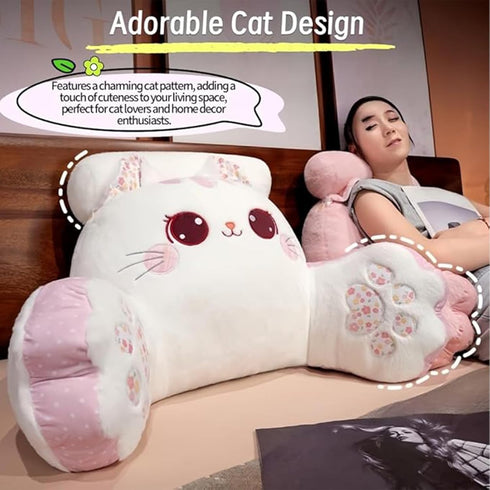 WQHSXXIA Cute Kitty Rest Reading Pillow for Adults, Kawaii Soft Lumbar Pillows Rest Cushion with Washable Cover