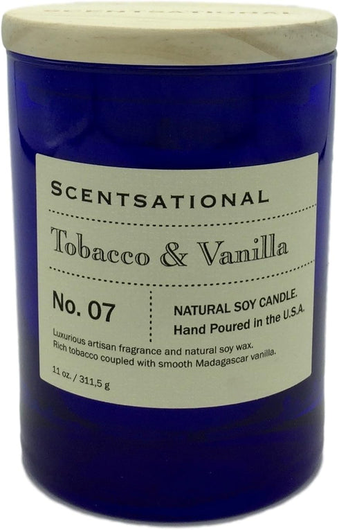 Scentsational Tobacco and Vanilla Natural Soy Candle - 11 oz - Hand Poured Blue Jar with Wooden Lid - Earthy Sweet Smell