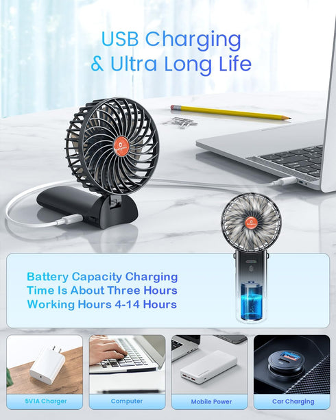Rechargeable Portable Handheld Mini Fan: Small Foldable Personal Fan with 180° Adjustable 4 Speed Wind for Travel, Black
