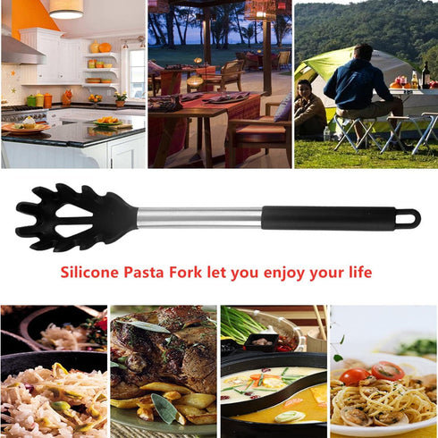 Silicone Pasta Fork, High Heat Resistant Spaghetti Spoon Server with Stainless Steel Handle (Black)