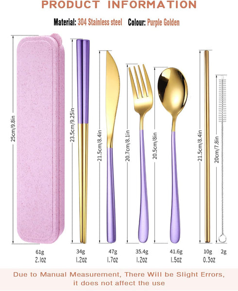 AARAINBOW 6 Pieces 18/8 Stainless Steel Flatware Set Portable Reusable Cutlery Set Travel Utensils Set Including Chopsticks Knife Fork Spoon Straws Cleaning Brush Dishwasher Safe (Purple golden) by AARAINBOW