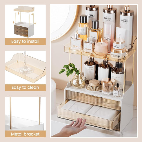2 3 Countertop, Counter, Delamu Bathroom Organizers and Storage, Tier Drawer Makeup Organizer Easy to Install, Ideal