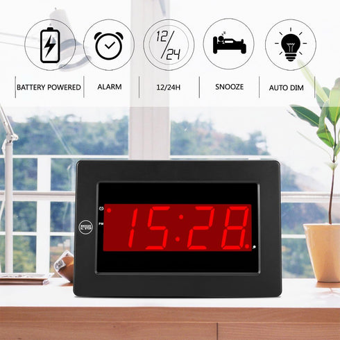 Digital Wall Clock, Battery Operated LED Display Alarm Clock, Brightness Adjustable