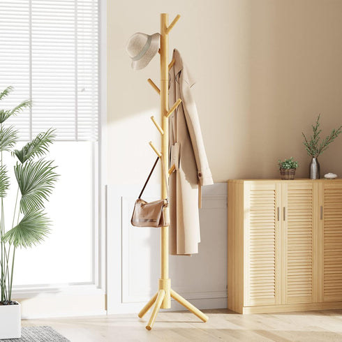Pipishell Sturdy Wooden Coat Rack Stand, Adjustable Free Standing Tree Hanger with 4 Sections & 8 Hooks for Home