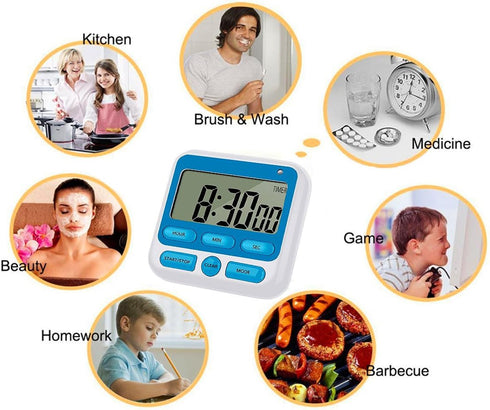 24-Hours Digital Kitchen Timer, Upgraded 12-Hour Display Clock, Big Digits, Loud Alarm, Count-Up & Count Down, 4 Pack