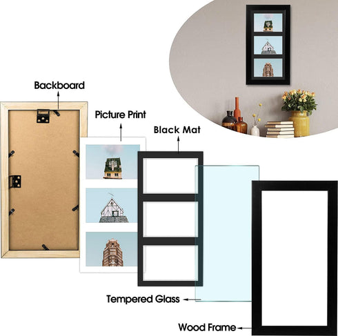 Golden State Art 7x14 Black Wood Frame for Three 4x6 Pictures with 3-Opening Black Mat Color, Portrait or Landscape