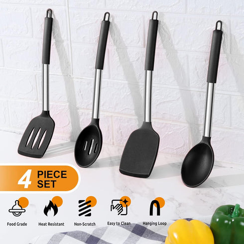 E-far Cooking Utensils Set of 4, Heat Resistant Silicone Kitchen Utensils for Non-stick Cookware (Black)