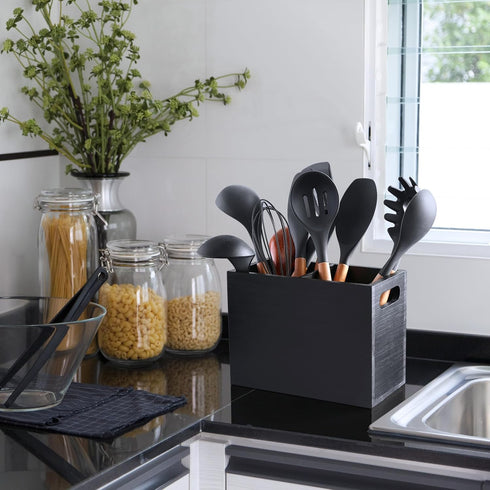 ALELION Black Utensil Holder for Kitchen Counter, Large 2 Compartment Caddy Organizer for Spatula and Ladles