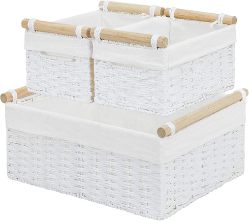 Vagusicc Wicker Storage Basket, Set of 3 Hand-woven Baskets for Organizing, Large Cube Storage Bins with Handles, White
