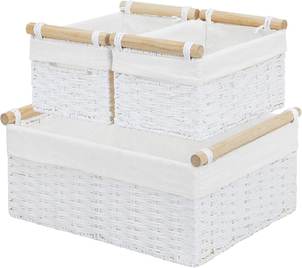 Vagusicc Wicker Storage Basket, Set of 3 Hand-woven Baskets for Organizing, Large Cube Storage Bins with Handles, White