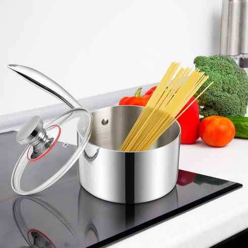 LIANYU 1QT Tri-Ply Stainless Steel Saucepan with Lid, Small Cooking Pot for Pasta, Soup