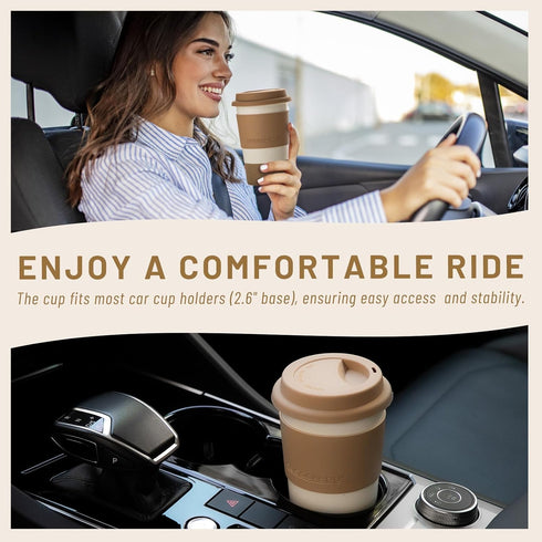 Set, Nucookery Ceramic Travel Coffee Mug Coffee Tumbler with Silicone Lid and Non-Slip Sleeve, Unique To Go Mug, Gifts