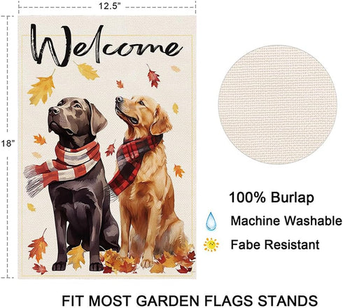 Welcome Fall Dog Garden Flag, 12x18 Inch Double Sided for Outside Thanksgiving, Small Flag for Labrador Golden Retriever