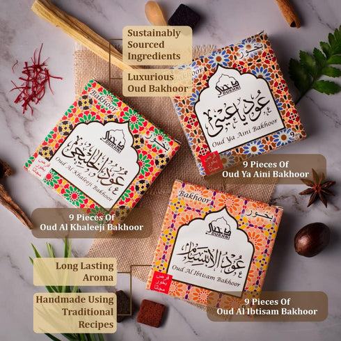 Oud Ya Aini, Oud Al Khaleeji, Oud Al Ibtisam Bakhoor by Dukhni, 3 x 9 Piece Each, Assorted Arabic Bakhoor Incense for