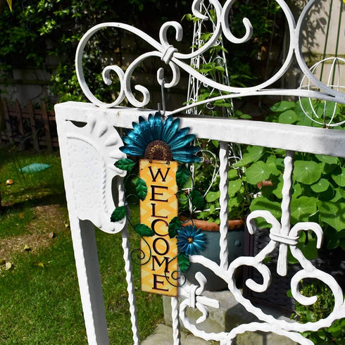 Welcome Sign for Front Door Decor, Metal Flower Hanging Wall Art for Indoor Outdoor Patio Garden Yard, 15.25X8.5In (C)