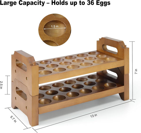 Uibyriy 2-Tier 36 Countertop Wooden Egg Holder for Eggs, Wooden Egg Holder with Carry Handle for Chicken, Duck