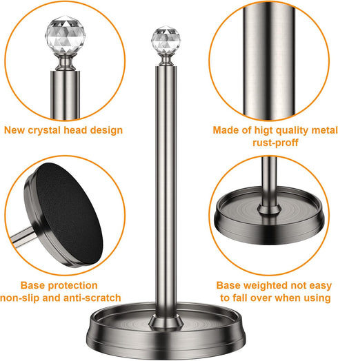 Steel Paper Towel Holder with Crystal Ball, Brushed Nickel Stand for Kitchen Countertops, Fits Standard & Jumbo Rolls