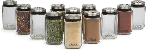 Adjustable Glass Spice Jars (Set of 12) with 6 Pouring Sizes, Stainless Steel Lid for Kitchen Storage