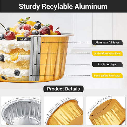 EUSOAR Disposable Ramekins Aluminum Foil, Gold 25 Packs 5oz Baking Cups with Lids for Mini Muffins