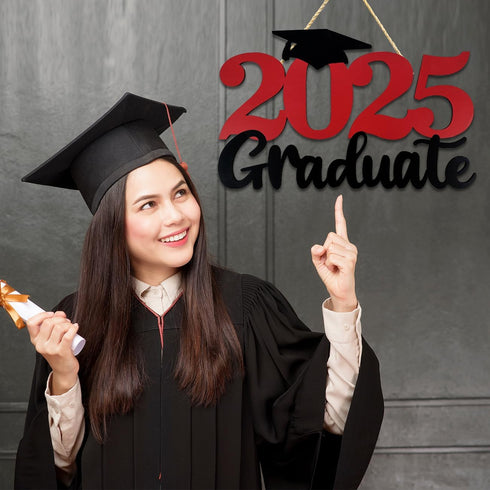 2025 Graduation Party Decorations, Wooden Sign Red Class of 2025 Photo Booth Props, 15.75x9.84 inches