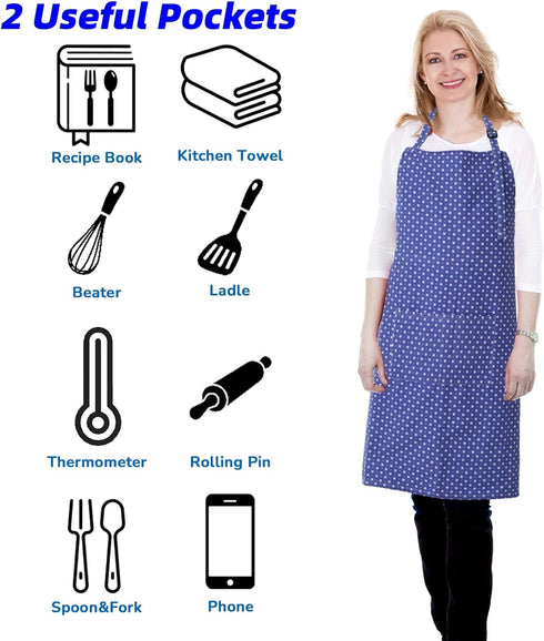 Aprons for Women, Adjustable Floral Cotton Kitchen Apron with 2 Pockets for Cooking, Baking, Chef, Artist (Blue Floral)
