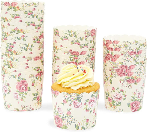 Sparkle and Bash Vintage Floral Cupcake Liners & Baking Cups - 50 Pack Yellow 2.25 x 2.75 In, Oven Safe
