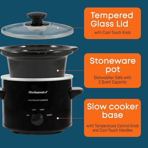Elite Gourmet MST239X Electric Round Slow Cooker, 2 Quart, Adjustable Temp, Black, Dishwasher Safe Glass Lid