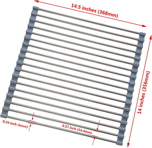 Roll Up Dish Drying Rack, Stainless Steel and Silicone Over The Sink Foldable Drain Rack for Kitchen, 14.5” x 14”, Gray