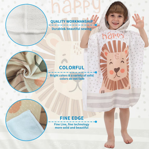Thin Quick-Dry Beach Towel with Hood for Kids - Blue Stripe Lion Design