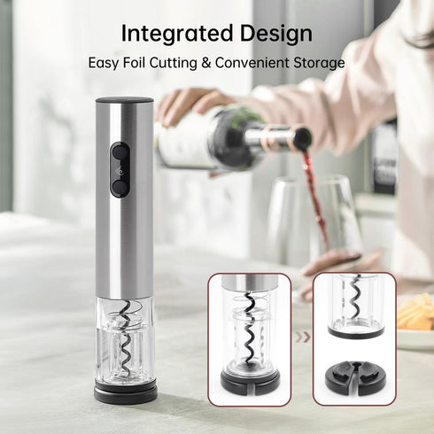 Rechargeable Wine Opener by ELMWAY, Electric Wine Bottle Opener with Foil Cutter, LED Light and Stainless Steel Shell