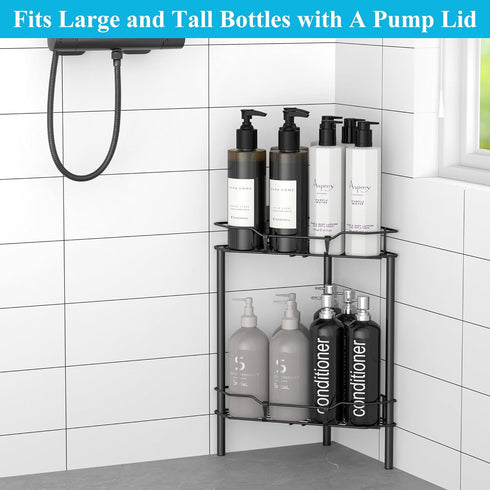 HuggieGems 2 Tier Floor Standing Corner Shower Caddy Organizer Shelf with Hooks, Bathroom Shelves Stand Rack, Matt