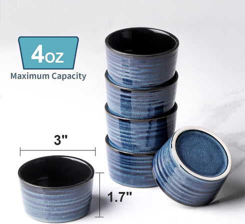 Ceramic 4 oz Ramekins, Tikooere Samll Souffle Dishes Set of 6, Mini Baking Bowls for Kitchen, Porcelain Dipping Sauce Cups for Creme Brulee, Pudding, Ice Cream, Lava Cakes, Microwave & Oven Safe, Blue by Tikooere