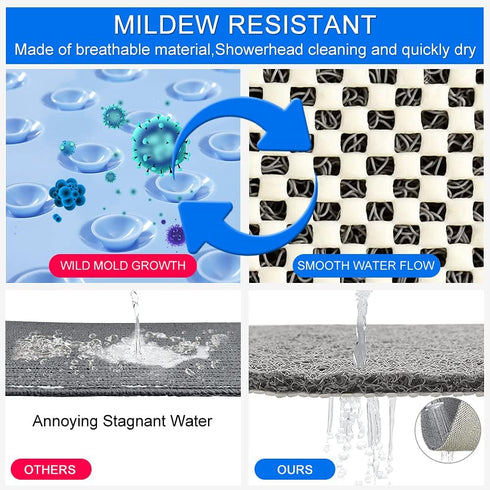 Shower Mat Bathtub Mat Non Slip - 16x32 Inch, Upgraded No Suction Cup Soft Textured PVC Loofah Tub Mat with Drain for