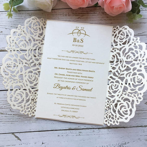 20PCS 5.12 x 7.28'' Laser Cut Wedding Invitations Cards with Envelopes, Hollow Rose Pocket with Bowknot for Bridal