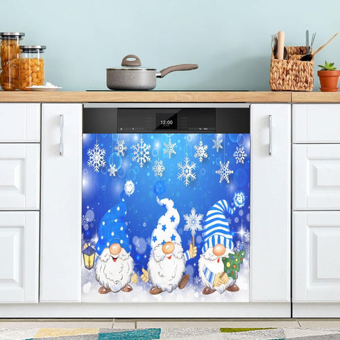 Christmas Blue Snowflake Gnome Dishwasher Magnet Cover, Winter Xmas Tree Magnetic Sticker for Kitchen Appliance Decor