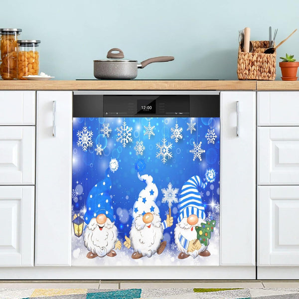 Christmas Blue Snowflake Gnome Dishwasher Magnet Cover, Winter Xmas Tree Magnetic Sticker for Kitchen Appliance Decor